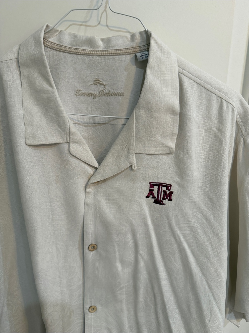 Tommy Bahama Cream Short-Sleeve Camp Shirt with Maroon Texas A&M Logo